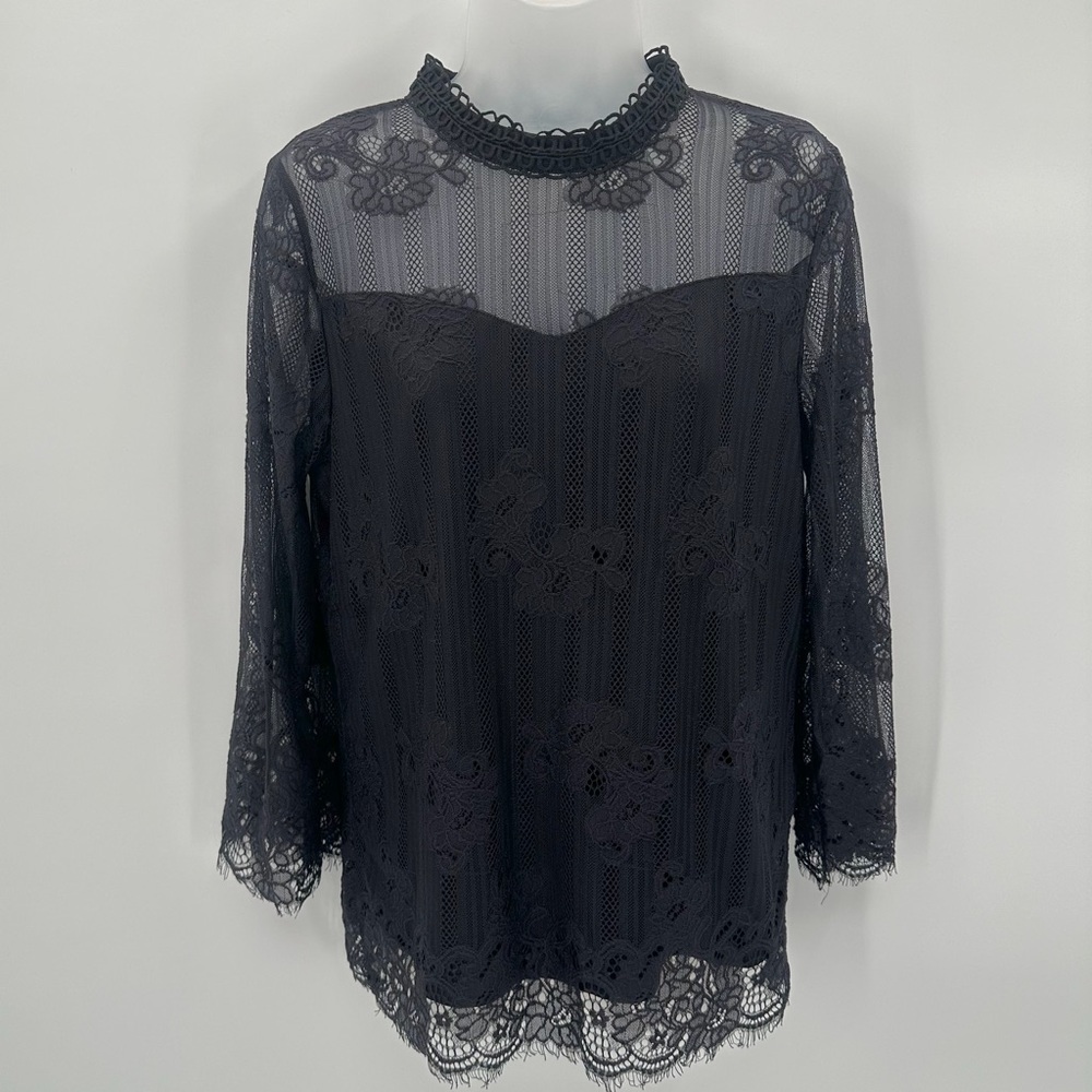 NY Collection Blouse Womens M Black Lace Sheer Sleeve Goth Whimsigoth Romantic